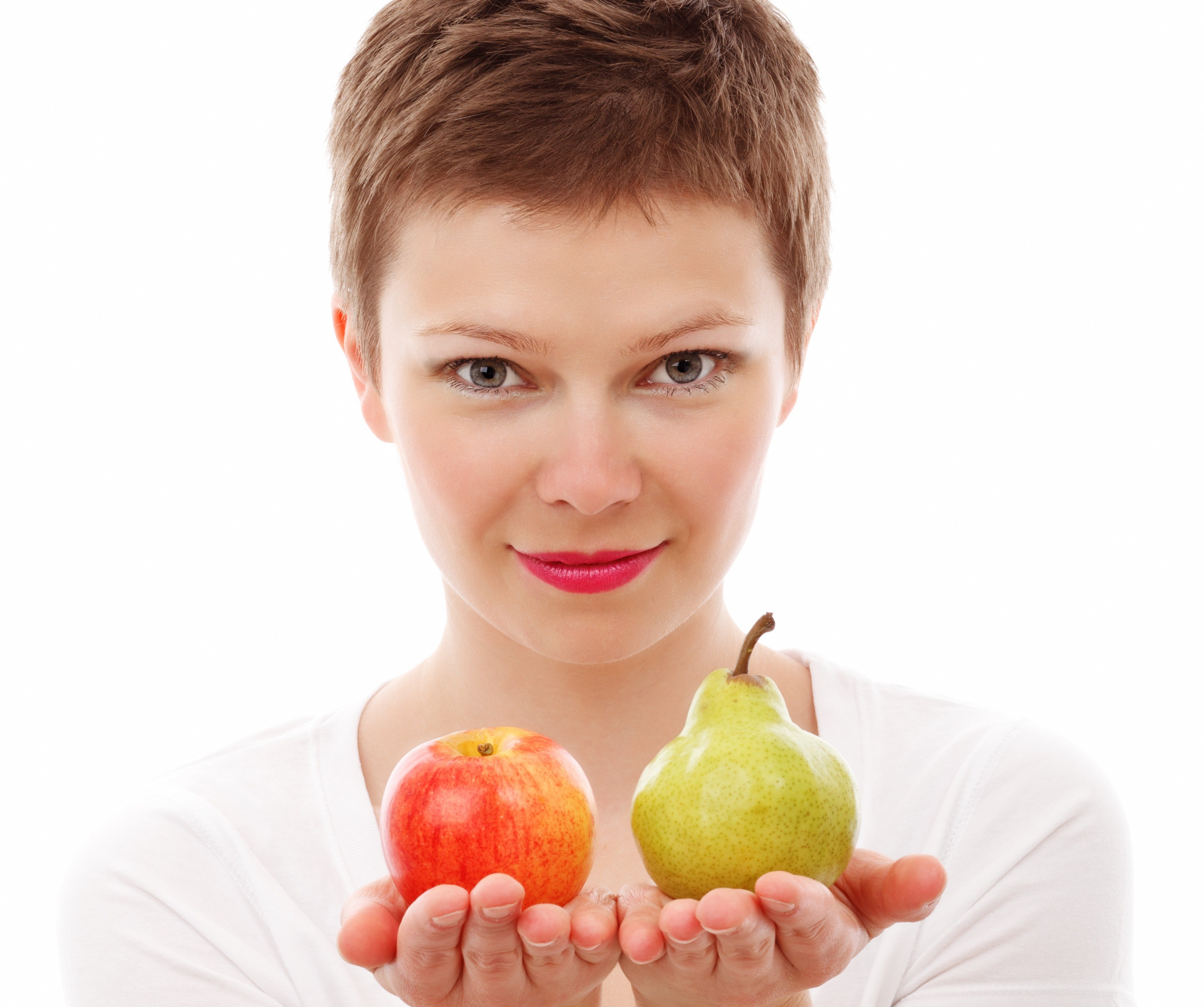 Canva - Woman Holding Red Apple and Green Peach