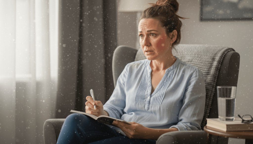 A woman looking flustered due to the onset of a hot flash