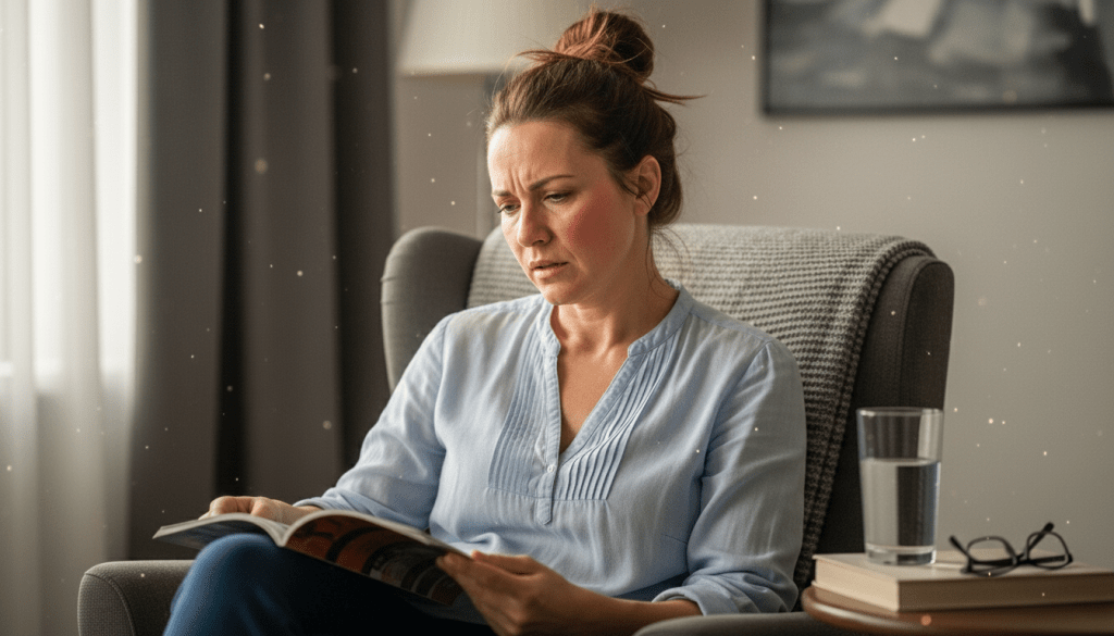 Woman sensing the onset of a menopause hot flash